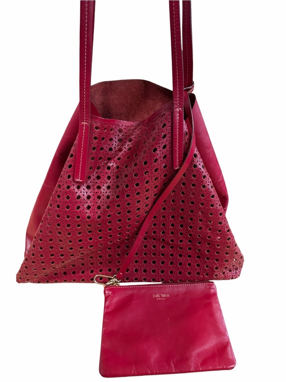Jeff Wan Red Perforated Leather Tote with Wrist Pouch